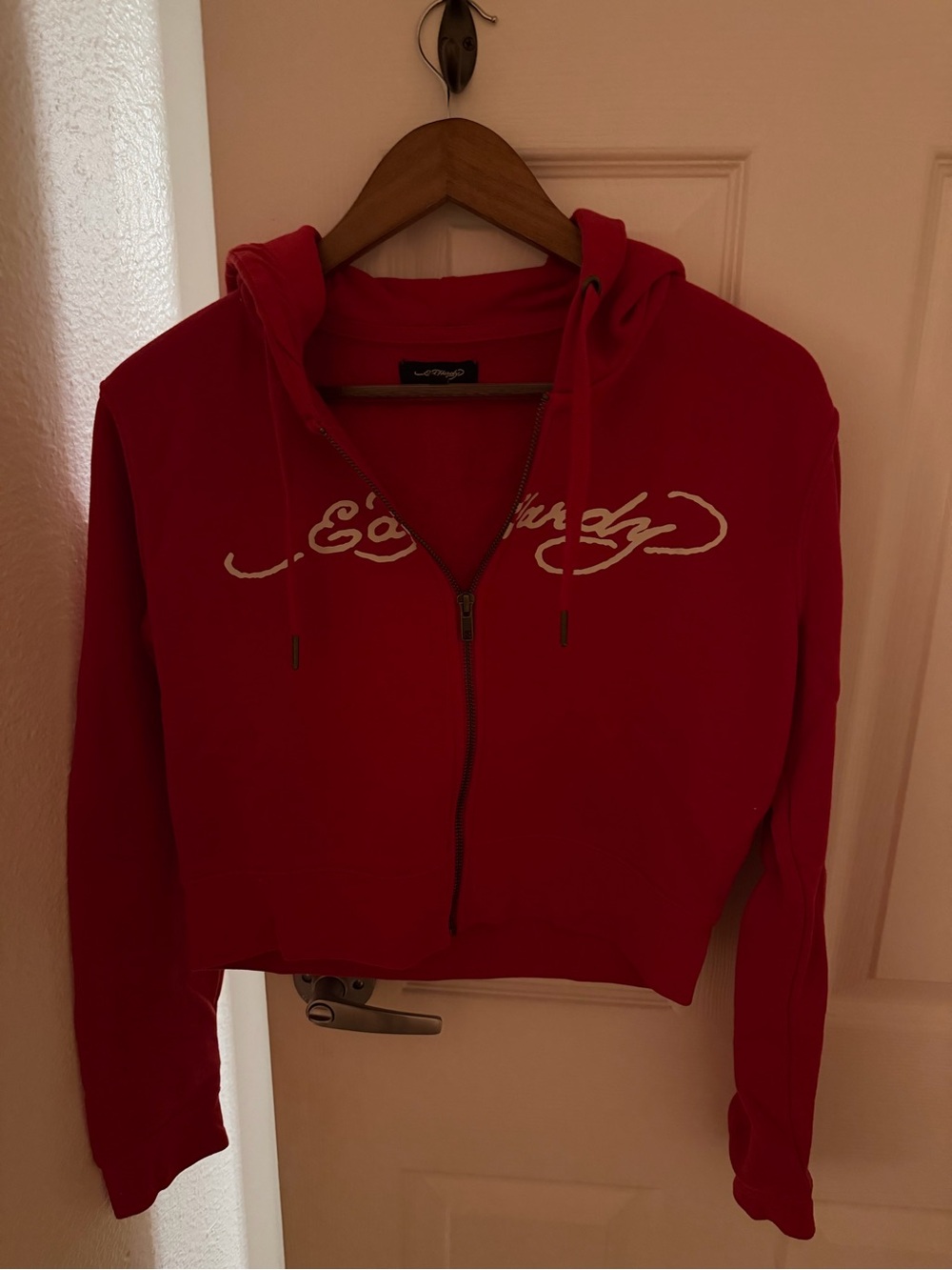 Ed Hardy Red Cropped Zip Hoodie with Script Logo